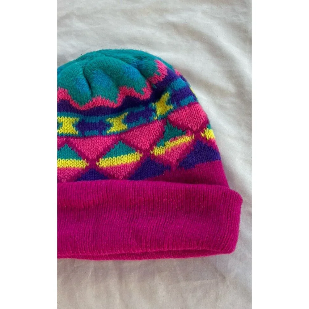 Vintage 90s Fleece Lined Acrylic Navajo Aztec Teal Purple Geometric Beanie Girls